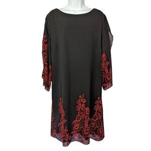 Grace Karen Black & Red Floral Loose Chiffon Dress 3/4 sleeve Size XL